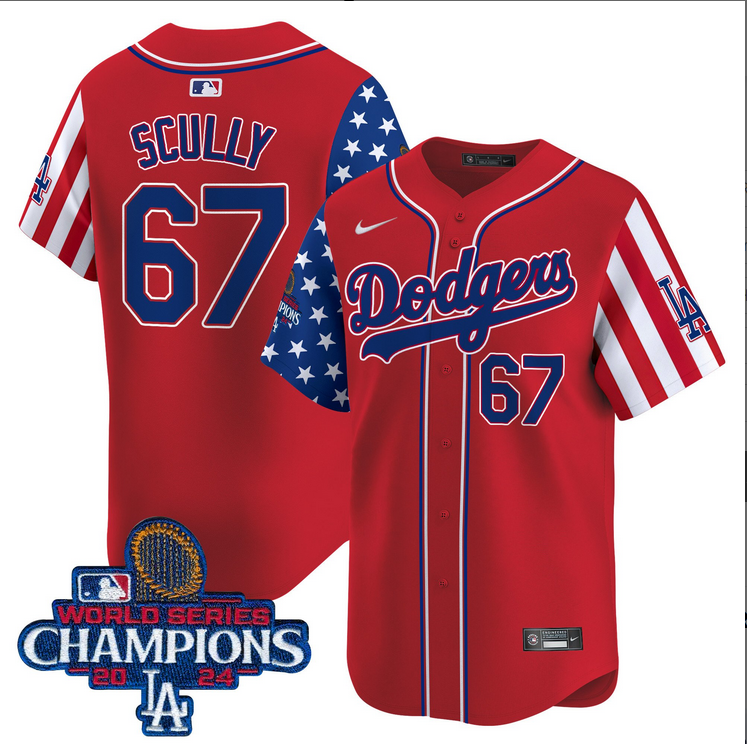 Men MLB Los Angeles Dodgers #67 Scully American Style red 2024 World Series Champions  Limited Jersey